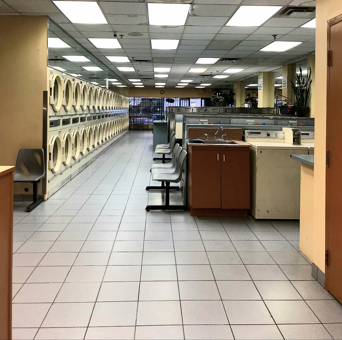 Wide interior view of York U Coin Laundry showing clean aisles and folding stations