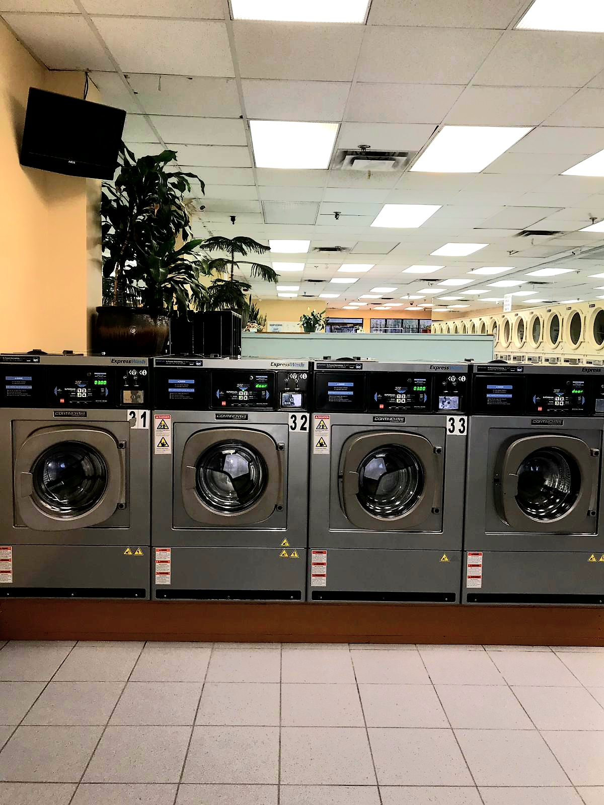 Row of large industrial front-load washers at York U Coin Laundry